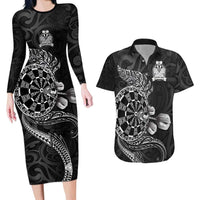 Personalised New Zealand Aotearoa Darts Masters Couples Matching Long Sleeve Bodycon Dress and Hawaiian Shirt Tribal Silver Fern and Ta Moko Dartboard - Polynesian Pride