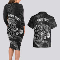 Personalised New Zealand Aotearoa Darts Masters Couples Matching Long Sleeve Bodycon Dress and Hawaiian Shirt Tribal Silver Fern and Ta Moko Dartboard - Polynesian Pride