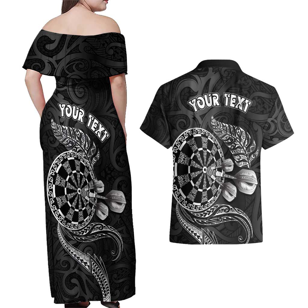 Personalised New Zealand Aotearoa Darts Masters Couples Matching Off Shoulder Maxi Dress and Hawaiian Shirt Tribal Silver Fern and Ta Moko Dartboard - Polynesian Pride