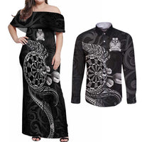 Personalised New Zealand Aotearoa Darts Masters Couples Matching Off Shoulder Maxi Dress and Long Sleeve Button Shirt Tribal Silver Fern and Ta Moko Dartboard - Polynesian Pride