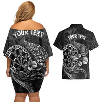 Personalised New Zealand Aotearoa Darts Masters Couples Matching Off Shoulder Short Dress and Hawaiian Shirt Tribal Silver Fern and Ta Moko Dartboard - Polynesian Pride