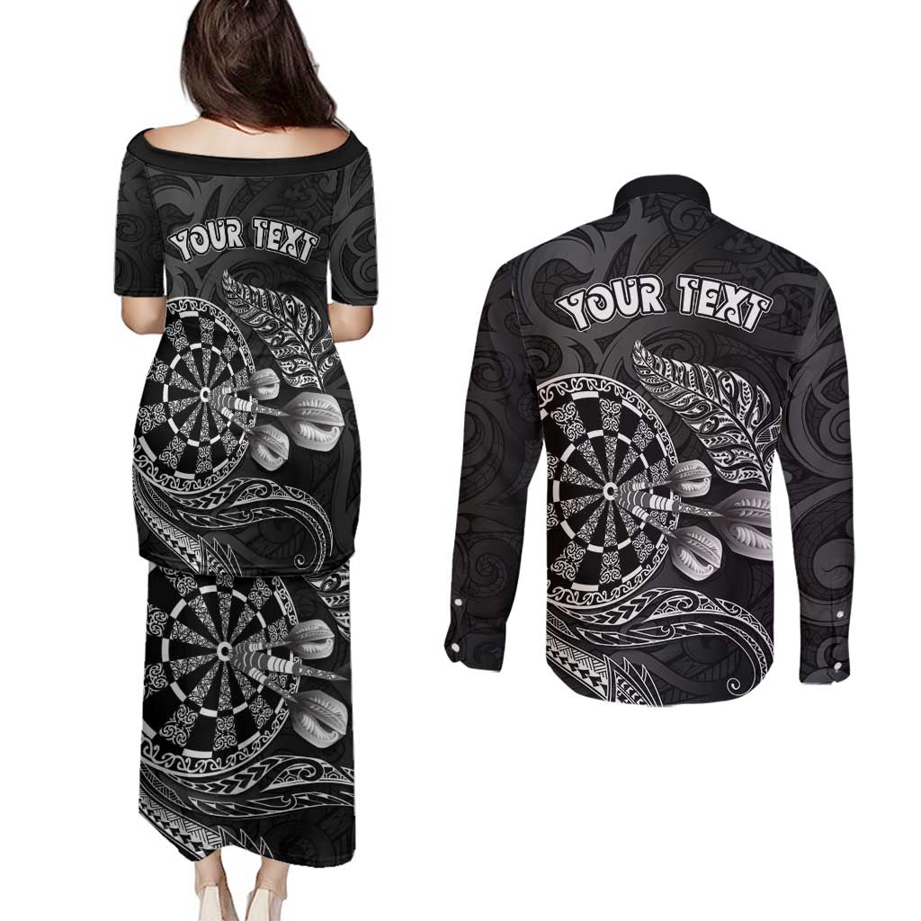Personalised New Zealand Aotearoa Darts Masters Couples Matching Puletasi and Long Sleeve Button Shirt Tribal Silver Fern and Ta Moko Dartboard - Polynesian Pride