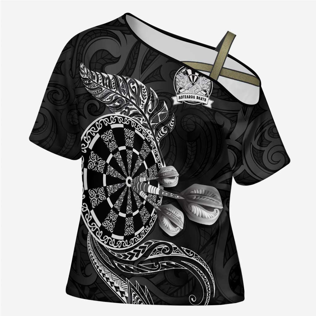 Personalised New Zealand Aotearoa Darts Masters Cross Shoulder Shirt Tribal Silver Fern and Ta Moko Dartboard - Polynesian Pride