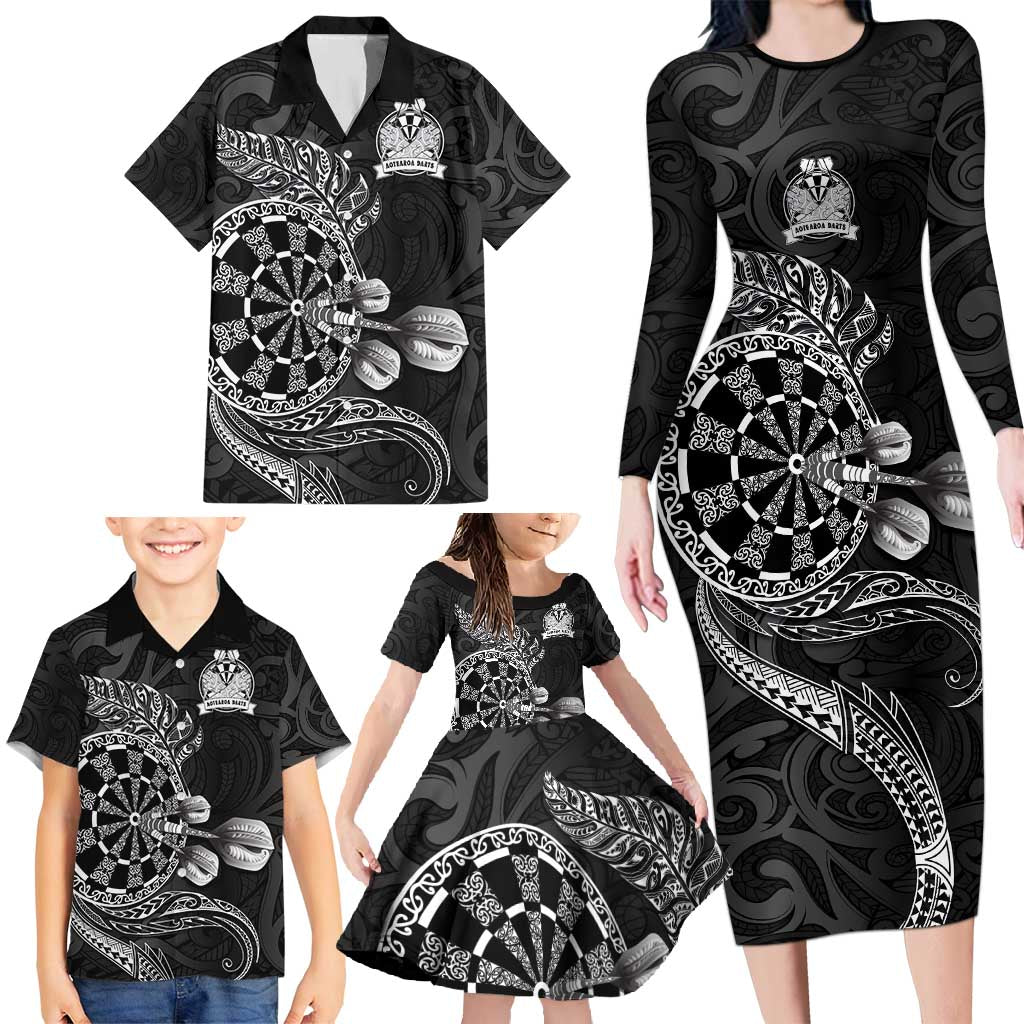 Personalised New Zealand Aotearoa Darts Masters Family Matching Long Sleeve Bodycon Dress and Hawaiian Shirt Tribal Silver Fern and Ta Moko Dartboard - Polynesian Pride