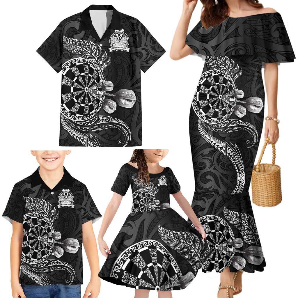 Personalised New Zealand Aotearoa Darts Masters Family Matching Mermaid Dress and Hawaiian Shirt Tribal Silver Fern and Ta Moko Dartboard - Polynesian Pride