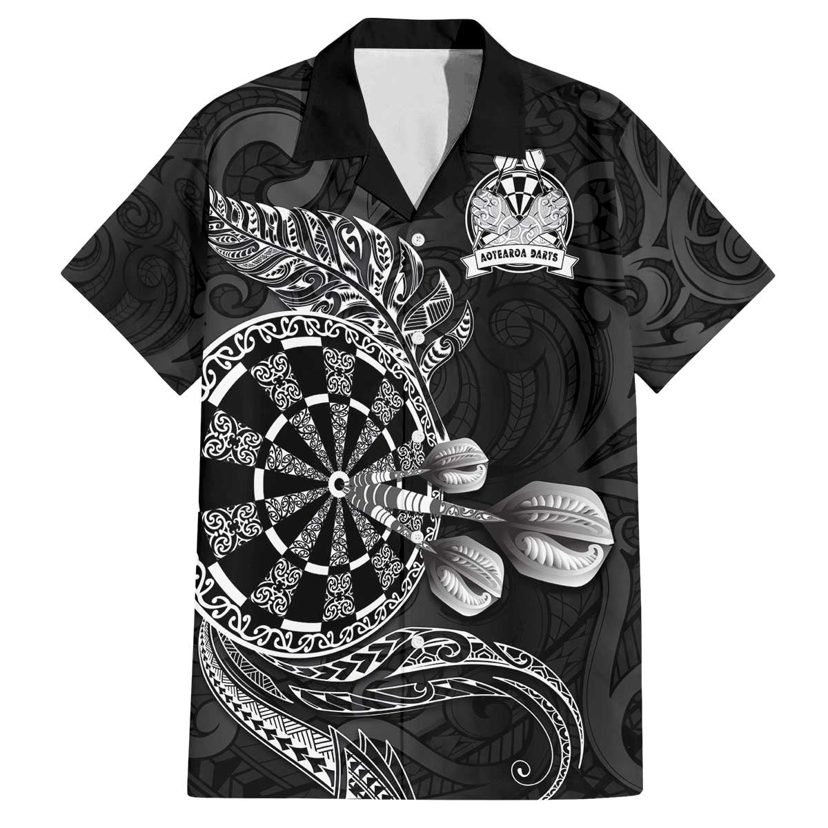 Personalised New Zealand Aotearoa Darts Masters Family Matching Off The Shoulder Long Sleeve Dress and Hawaiian Shirt Tribal Silver Fern and Ta Moko Dartboard - Polynesian Pride