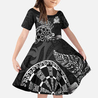 Personalised New Zealand Aotearoa Darts Masters Family Matching Off Shoulder Maxi Dress and Hawaiian Shirt Tribal Silver Fern and Ta Moko Dartboard - Polynesian Pride