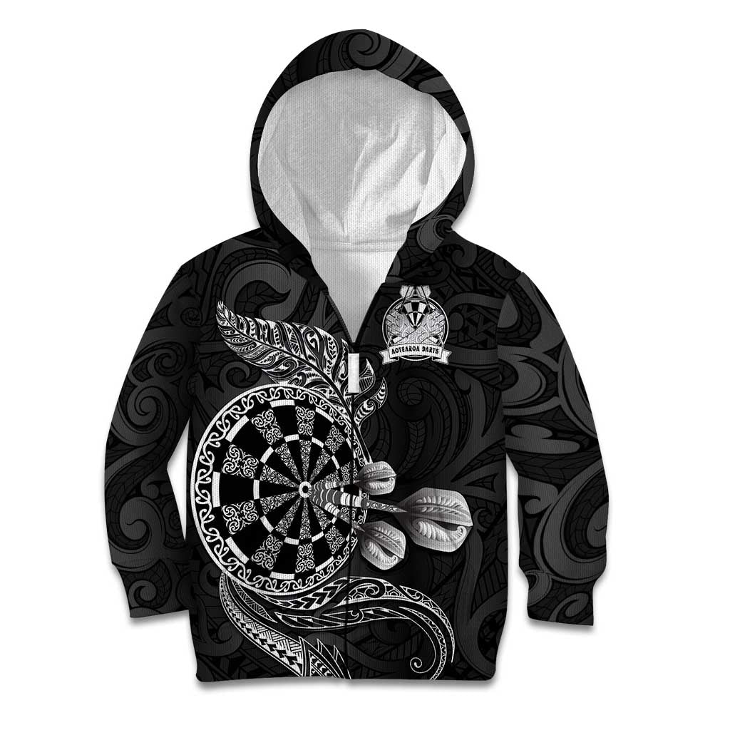 Personalised New Zealand Aotearoa Darts Masters Kid Hoodie Tribal Silver Fern and Ta Moko Dartboard - Polynesian Pride