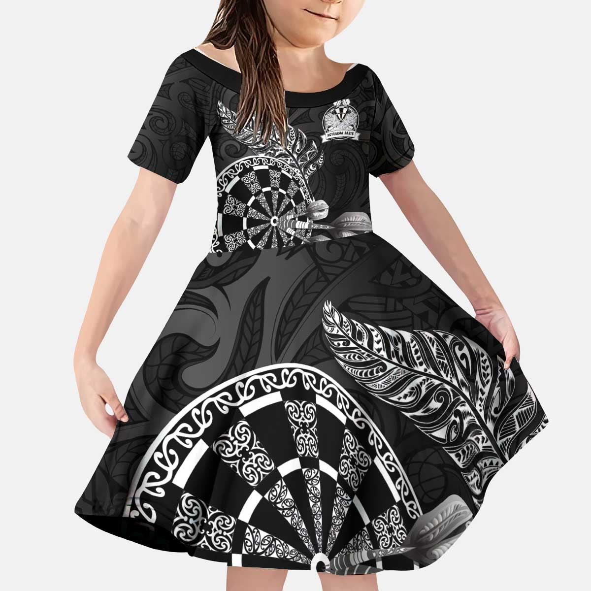Personalised New Zealand Aotearoa Darts Masters Kid Short Sleeve Dress Tribal Silver Fern and Ta Moko Dartboard - Polynesian Pride
