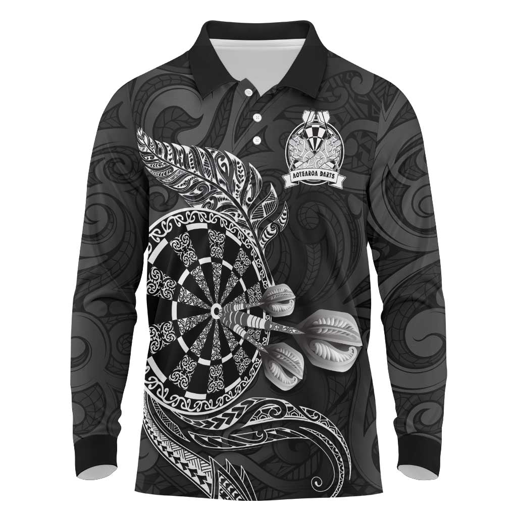 Personalised New Zealand Aotearoa Darts Masters Long Sleeve Polo Shirt Tribal Silver Fern and Ta Moko Dartboard - Polynesian Pride