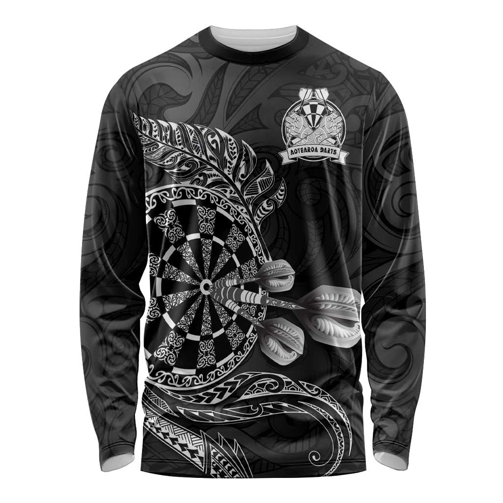 Personalised New Zealand Aotearoa Darts Masters Long Sleeve Shirt Tribal Silver Fern and Ta Moko Dartboard - Polynesian Pride