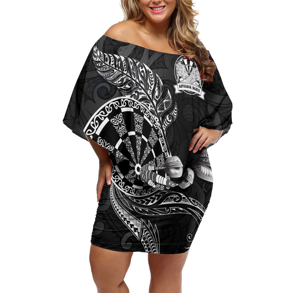 Personalised New Zealand Aotearoa Darts Masters Off Shoulder Short Dress Tribal Silver Fern and Ta Moko Dartboard - Polynesian Pride