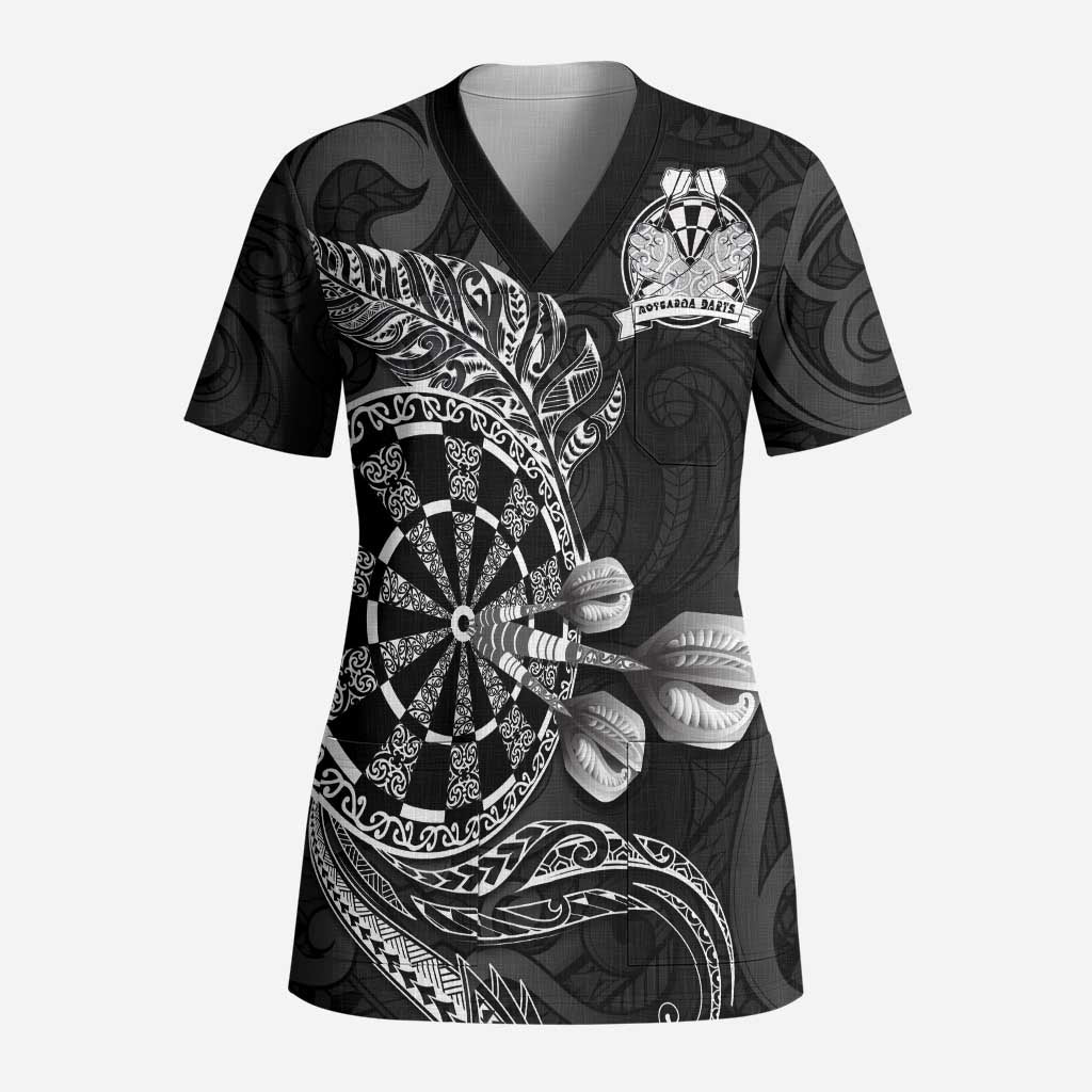 Personalised New Zealand Aotearoa Darts Masters Scrub Top Tribal Silver Fern and Ta Moko Dartboard - Polynesian Pride