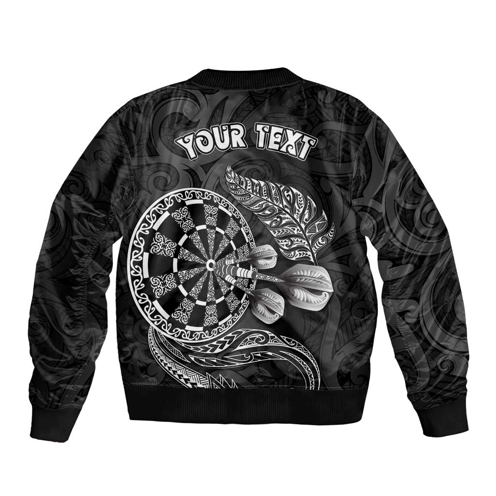 Personalised New Zealand Aotearoa Darts Masters Sleeve Zip Bomber Jacket Tribal Silver Fern and Ta Moko Dartboard - Polynesian Pride