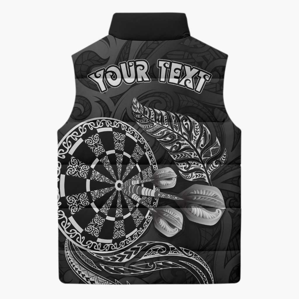 Personalised New Zealand Aotearoa Darts Masters Sleeveless Puffer Jacket Tribal Silver Fern and Ta Moko Dartboard - Polynesian Pride