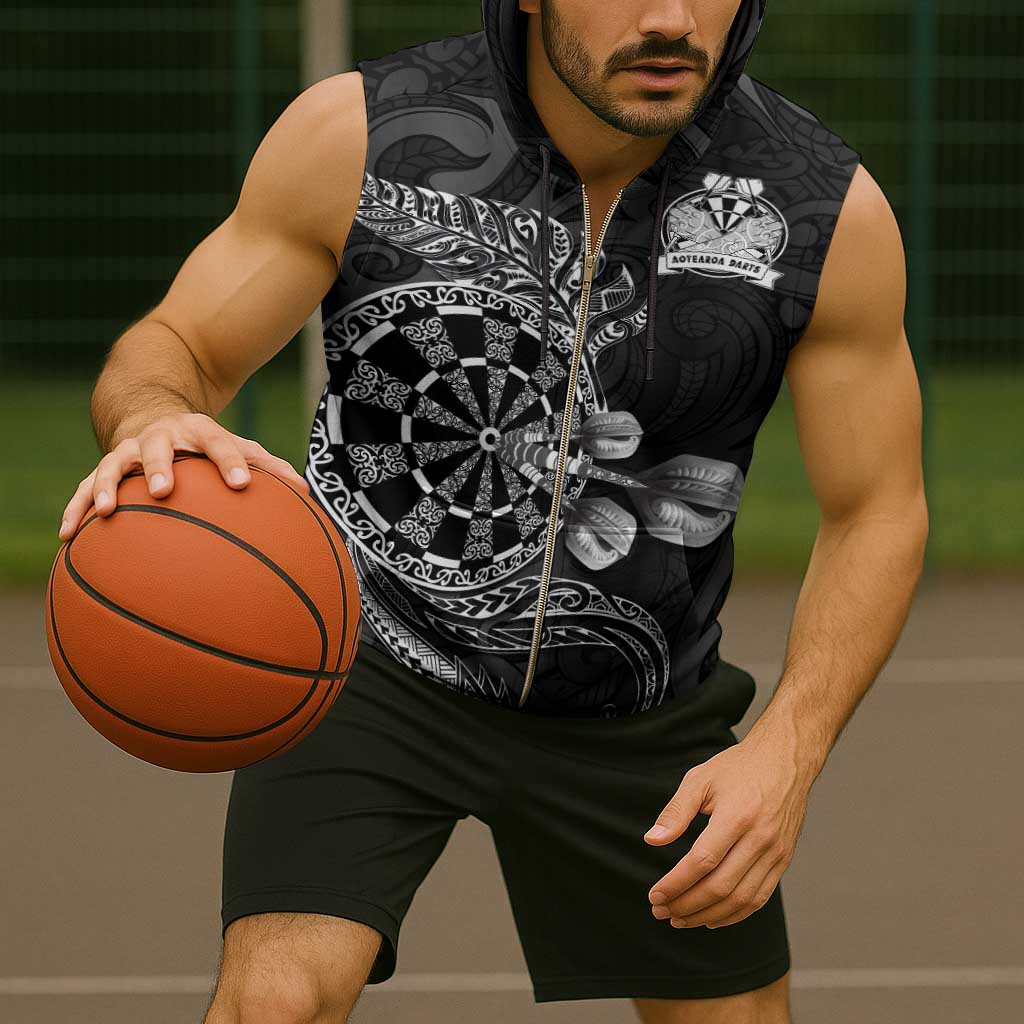 Personalised New Zealand Aotearoa Darts Masters Sleeveless Zip Hoodie Tribal Silver Fern and Ta Moko Dartboard - Polynesian Pride