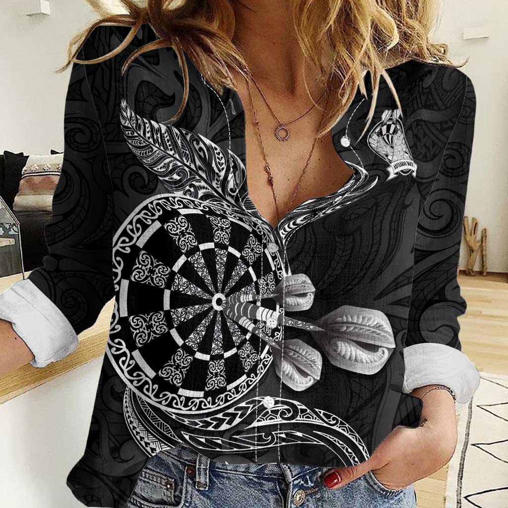 Personalised New Zealand Aotearoa Darts Masters Women Casual Shirt Tribal Silver Fern and Ta Moko Dartboard - Polynesian Pride