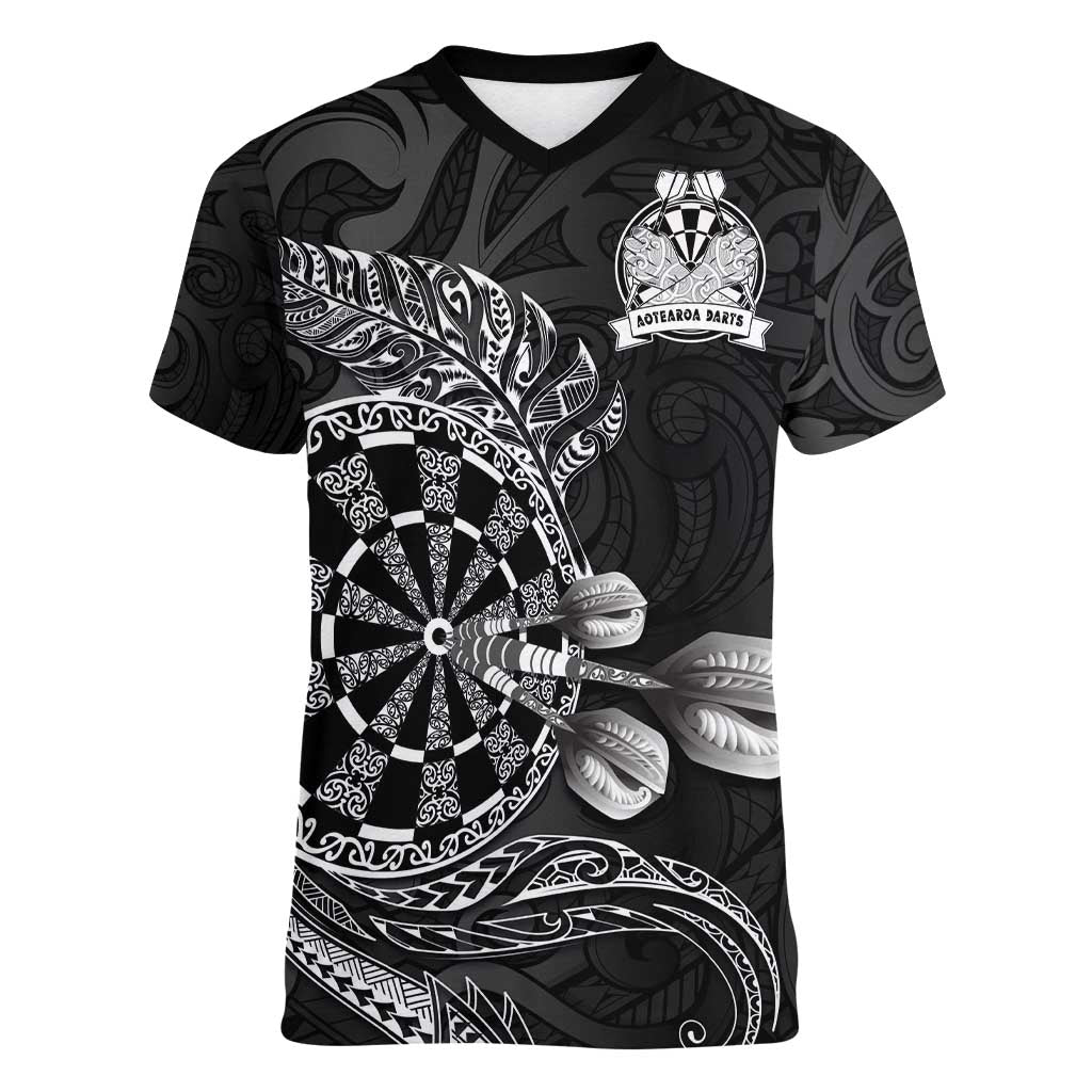 Personalised New Zealand Aotearoa Darts Masters Women V-Neck T-Shirt Tribal Silver Fern and Ta Moko Dartboard - Polynesian Pride