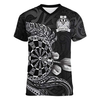 Personalised New Zealand Aotearoa Darts Masters Women V-Neck T-Shirt Tribal Silver Fern and Ta Moko Dartboard - Polynesian Pride