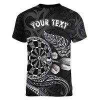 Personalised New Zealand Aotearoa Darts Masters Women V-Neck T-Shirt Tribal Silver Fern and Ta Moko Dartboard - Polynesian Pride