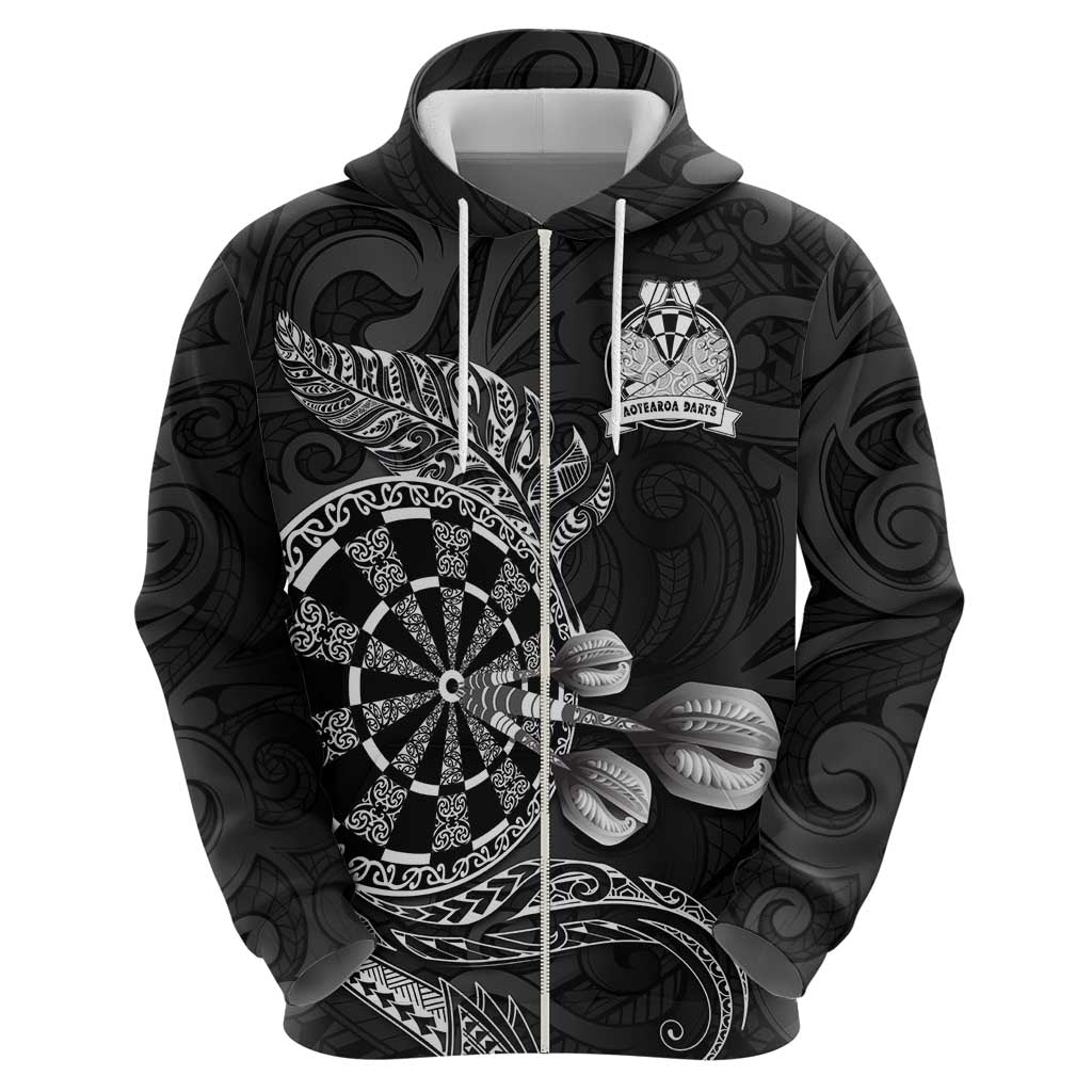 Personalised New Zealand Aotearoa Darts Masters Zip Hoodie Tribal Silver Fern and Ta Moko Dartboard - Polynesian Pride