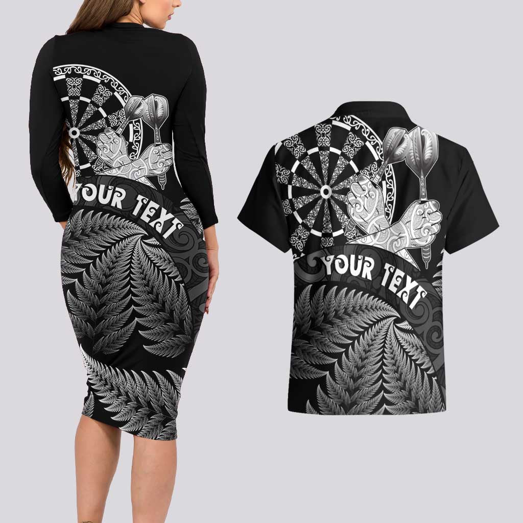 Personalised New Zealand Aotearoa Darts Masters Couples Matching Long Sleeve Bodycon Dress and Hawaiian Shirt Silver Fern and Maori Spirit - Polynesian Pride