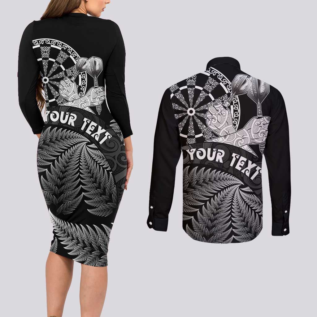 Personalised New Zealand Aotearoa Darts Masters Couples Matching Long Sleeve Bodycon Dress and Long Sleeve Button Shirt Silver Fern and Maori Spirit - Polynesian Pride