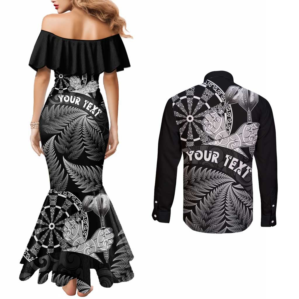 Personalised New Zealand Aotearoa Darts Masters Couples Matching Mermaid Dress and Long Sleeve Button Shirt Silver Fern and Maori Spirit - Polynesian Pride