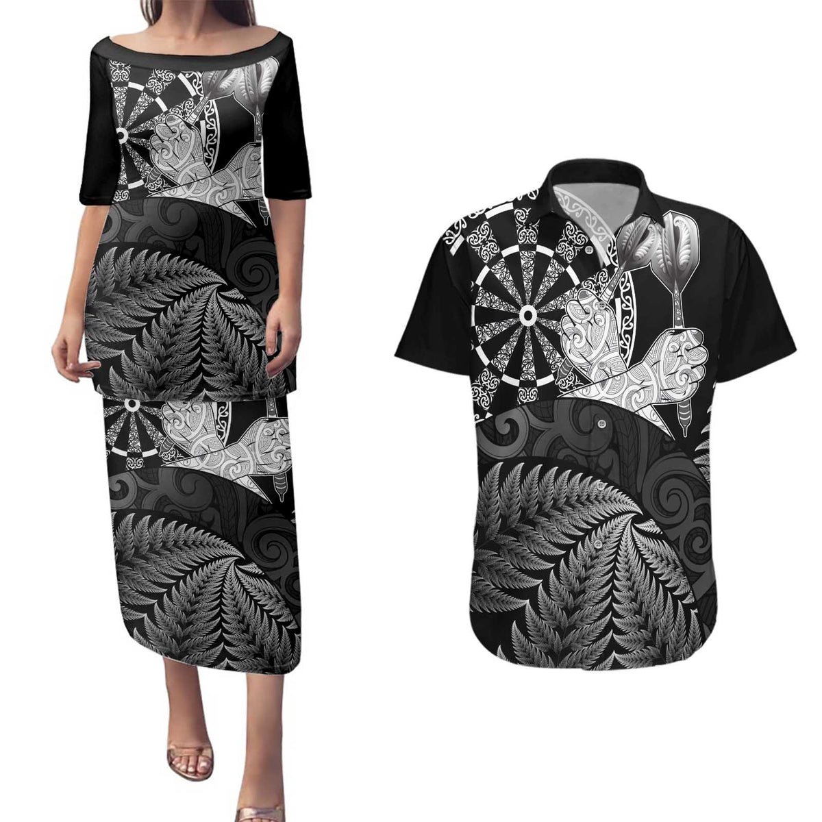 Personalised New Zealand Aotearoa Darts Masters Couples Matching Puletasi and Hawaiian Shirt Silver Fern and Maori Spirit - Polynesian Pride