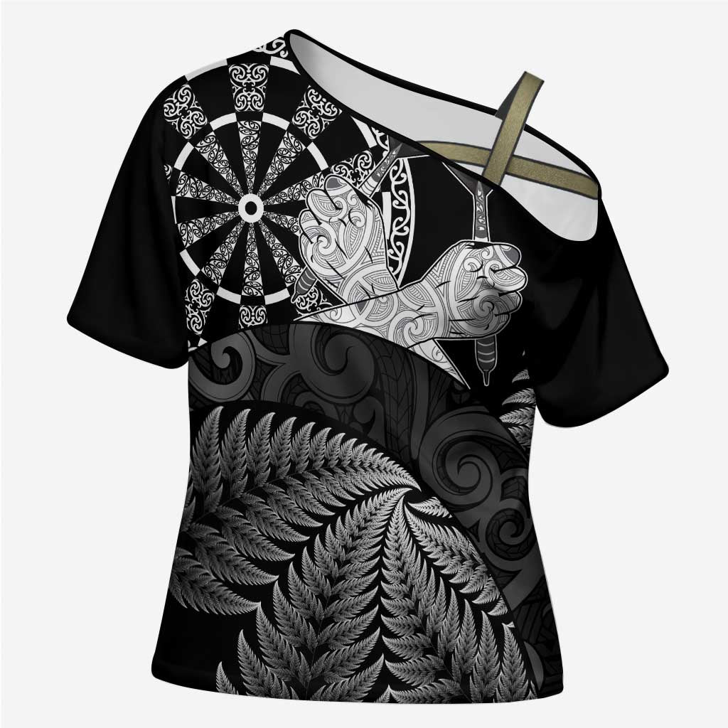 Personalised New Zealand Aotearoa Darts Masters Cross Shoulder Shirt Silver Fern and Maori Spirit - Polynesian Pride