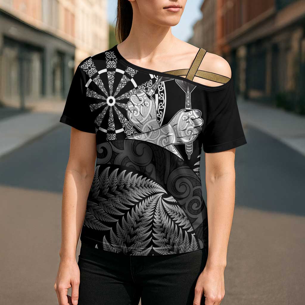 Personalised New Zealand Aotearoa Darts Masters Cross Shoulder Shirt Silver Fern and Maori Spirit - Polynesian Pride