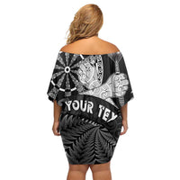 Personalised New Zealand Aotearoa Darts Masters Family Matching Off Shoulder Short Dress and Hawaiian Shirt Silver Fern and Maori Spirit - Polynesian Pride
