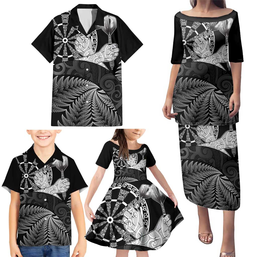 Personalised New Zealand Aotearoa Darts Masters Family Matching Puletasi and Hawaiian Shirt Silver Fern and Maori Spirit - Polynesian Pride
