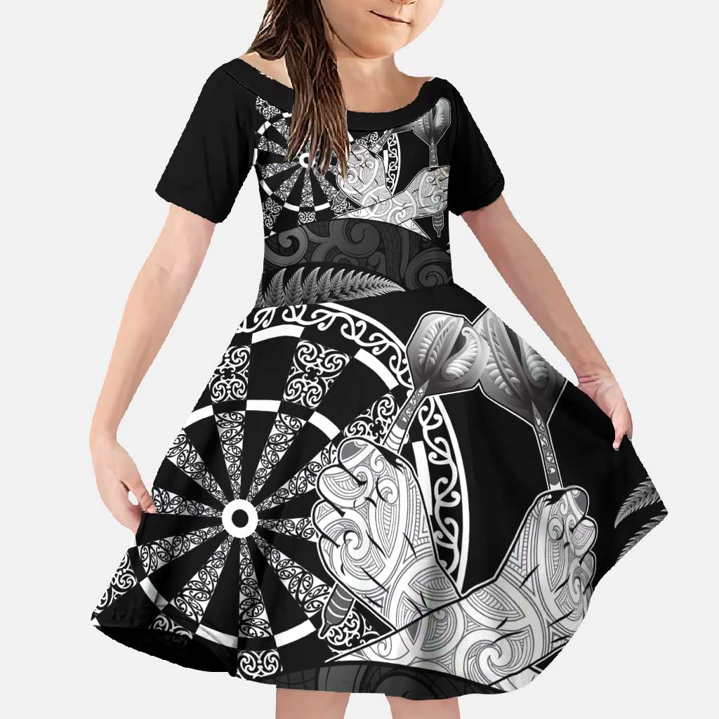 Personalised New Zealand Aotearoa Darts Masters Family Matching Short Sleeve Bodycon Dress and Hawaiian Shirt Silver Fern and Maori Spirit - Polynesian Pride