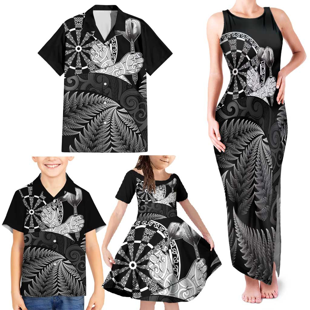 Personalised New Zealand Aotearoa Darts Masters Family Matching Tank Maxi Dress and Hawaiian Shirt Silver Fern and Maori Spirit - Polynesian Pride