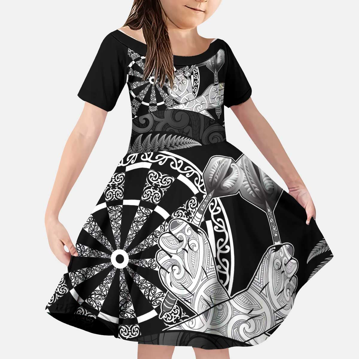 Personalised New Zealand Aotearoa Darts Masters Kid Short Sleeve Dress Silver Fern and Maori Spirit - Polynesian Pride