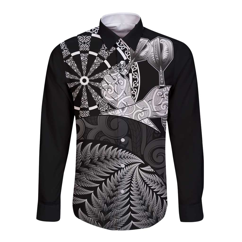 Personalised New Zealand Aotearoa Darts Masters Long Sleeve Button Shirt Silver Fern and Maori Spirit - Polynesian Pride