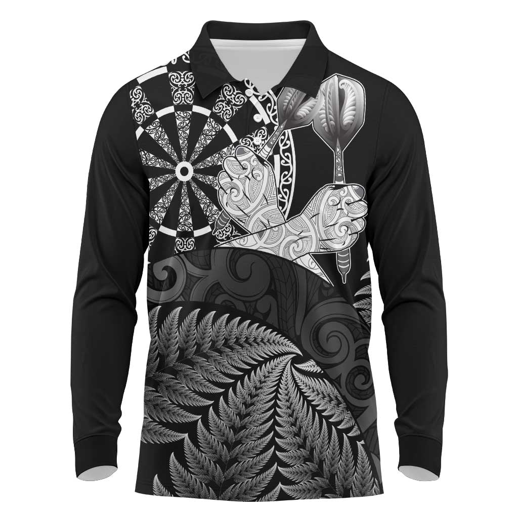 Personalised New Zealand Aotearoa Darts Masters Long Sleeve Polo Shirt Silver Fern and Maori Spirit - Polynesian Pride