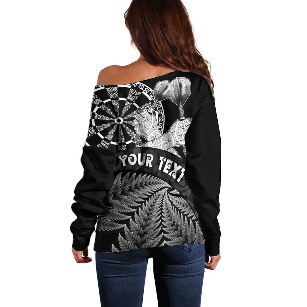 Personalised New Zealand Aotearoa Darts Masters Off Shoulder Sweater Silver Fern and Maori Spirit - Polynesian Pride