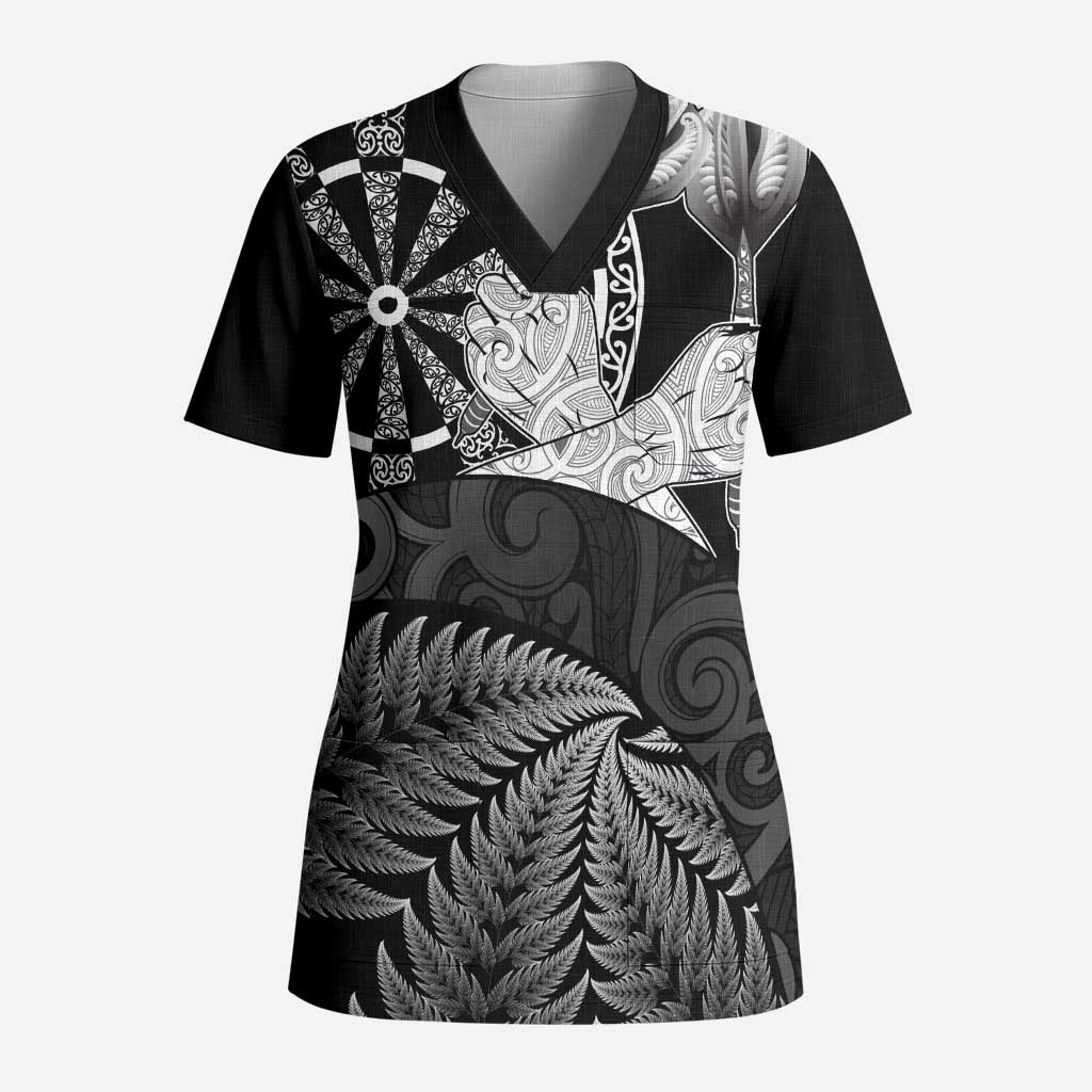 Personalised New Zealand Aotearoa Darts Masters Scrub Top Silver Fern and Maori Spirit - Polynesian Pride