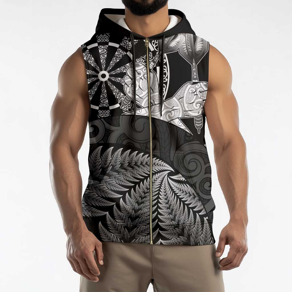 Personalised New Zealand Aotearoa Darts Masters Sleeveless Zip Hoodie Silver Fern and Maori Spirit - Polynesian Pride