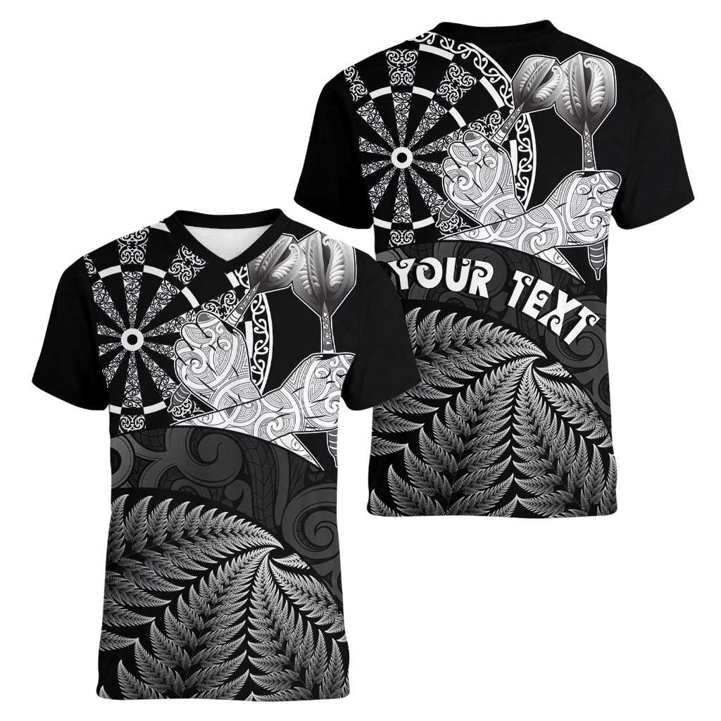 Personalised New Zealand Aotearoa Darts Masters Women V-Neck T-Shirt Silver Fern and Maori Spirit - Polynesian Pride
