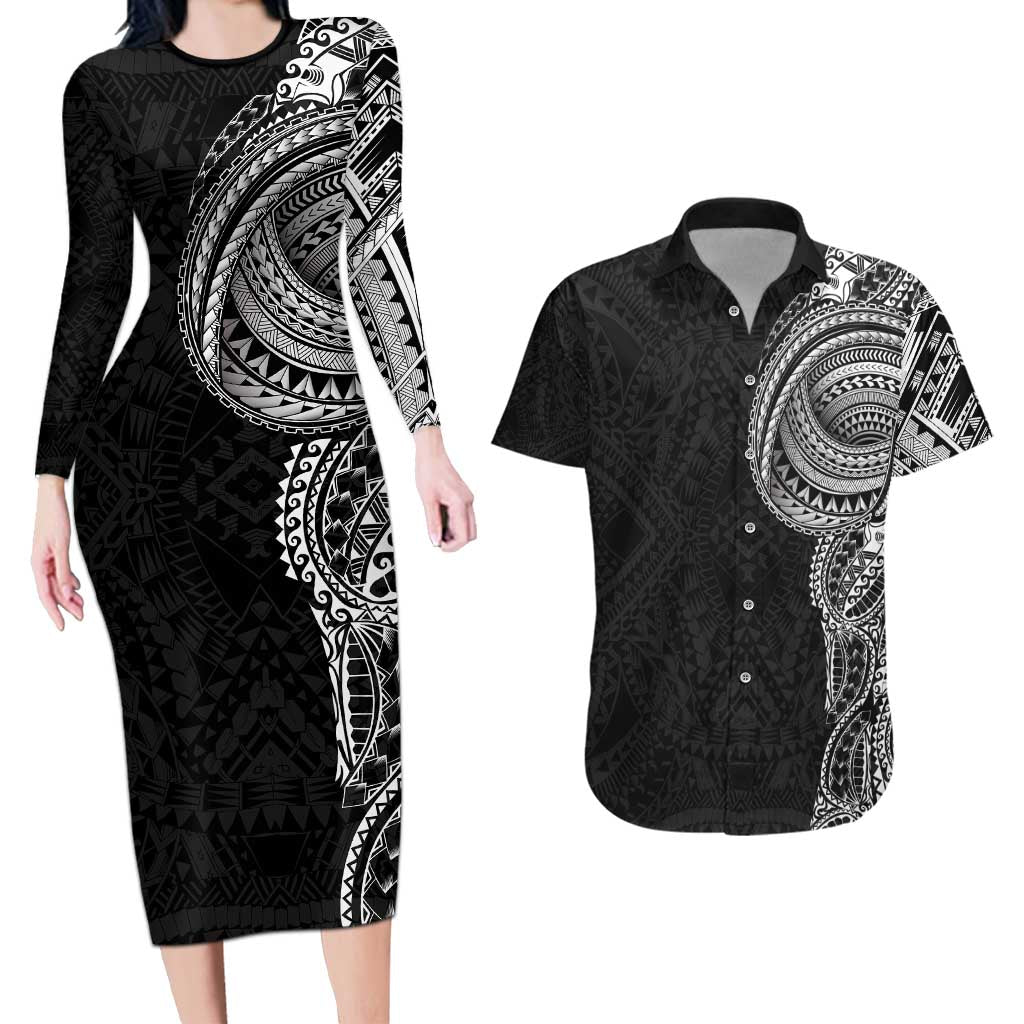 Traditional Polynesian Art Tattoos Couples Matching Long Sleeve Bodycon Dress and Hawaiian Shirt Black Color - Polynesian Pride