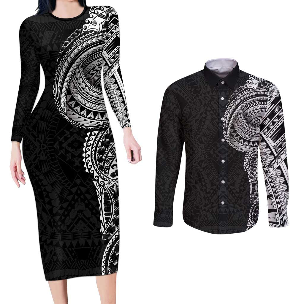 Traditional Polynesian Art Tattoos Couples Matching Long Sleeve Bodycon Dress and Long Sleeve Button Shirt Black Color LT03 Black - Polynesian Pride