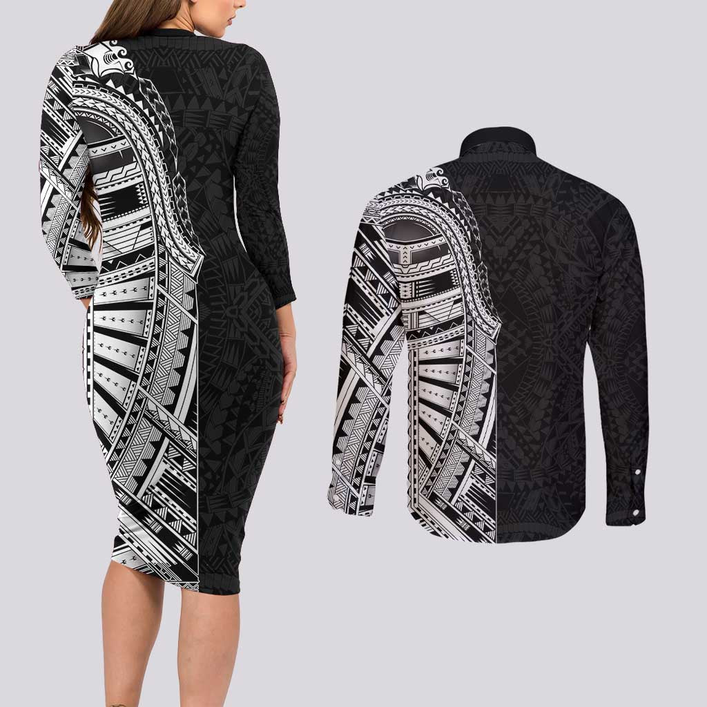 Traditional Polynesian Art Tattoos Couples Matching Long Sleeve Bodycon Dress and Long Sleeve Button Shirt Black Color - Polynesian Pride