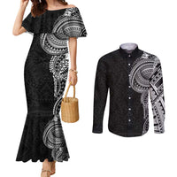 Traditional Polynesian Art Tattoos Couples Matching Mermaid Dress and Long Sleeve Button Shirt Black Color - Polynesian Pride