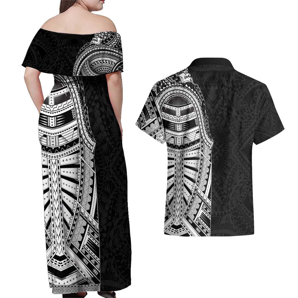 Traditional Polynesian Art Tattoos Couples Matching Off Shoulder Maxi Dress and Hawaiian Shirt Black Color - Polynesian Pride