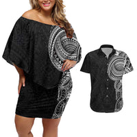 Traditional Polynesian Art Tattoos Couples Matching Off Shoulder Short Dress and Hawaiian Shirt Black Color - Polynesian Pride