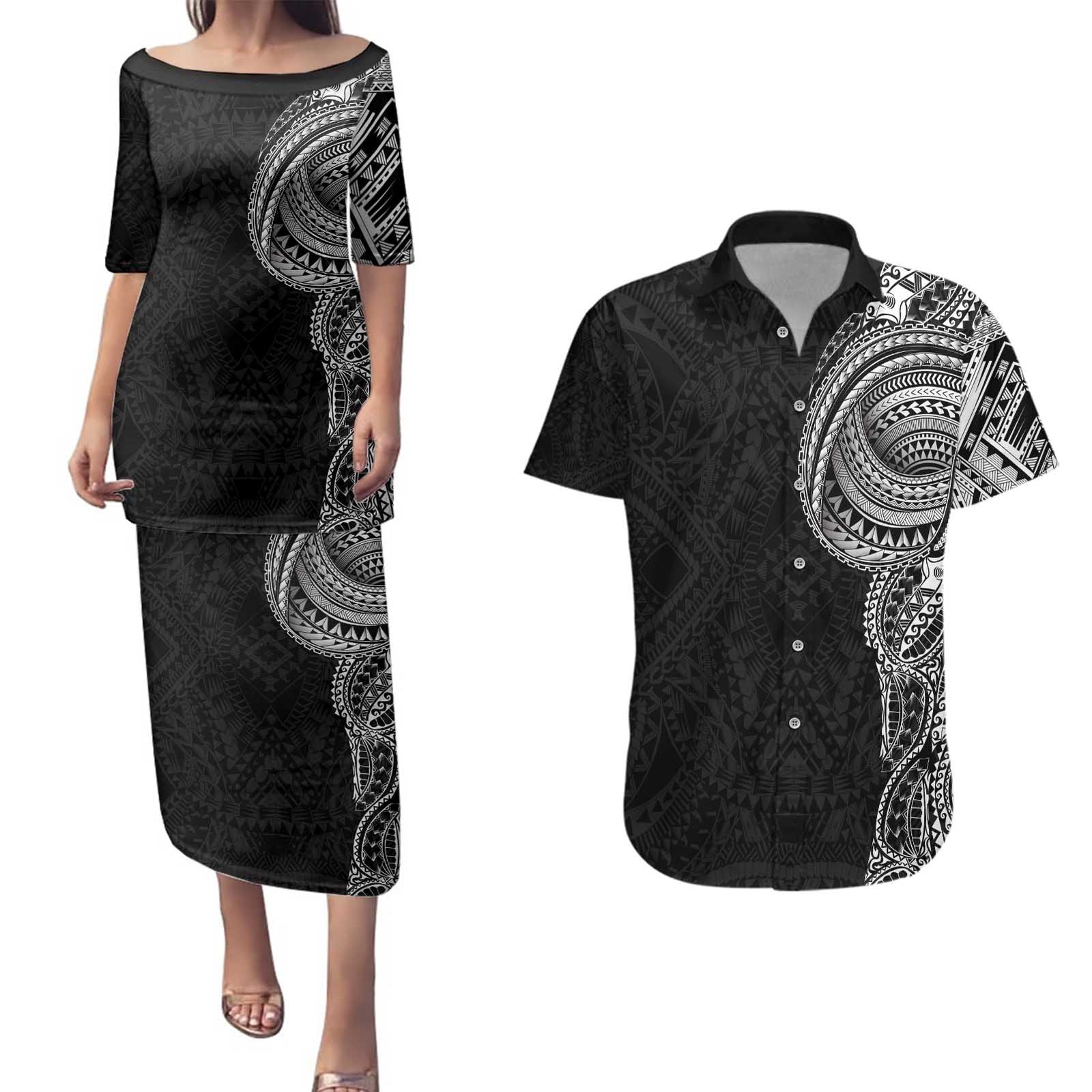 Traditional Polynesian Art Tattoos Couples Matching Puletasi and Hawaiian Shirt Black Color - Polynesian Pride