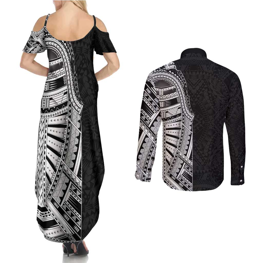 Traditional Polynesian Art Tattoos Couples Matching Summer Maxi Dress and Long Sleeve Button Shirt Black Color - Polynesian Pride
